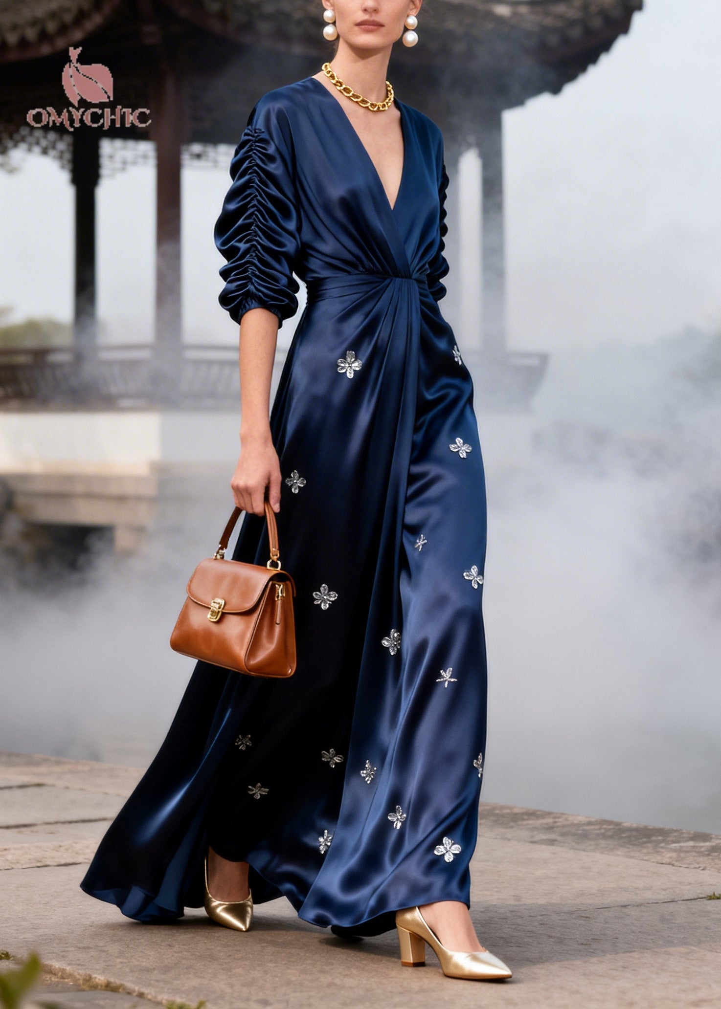 Stylish Navy Wrinkled Flower Print Silk Party Dresses Summer