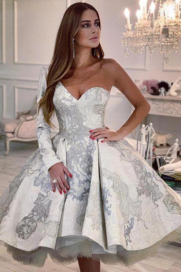Stylish One Shoulder Floral Pattern Short Homecoming Dress