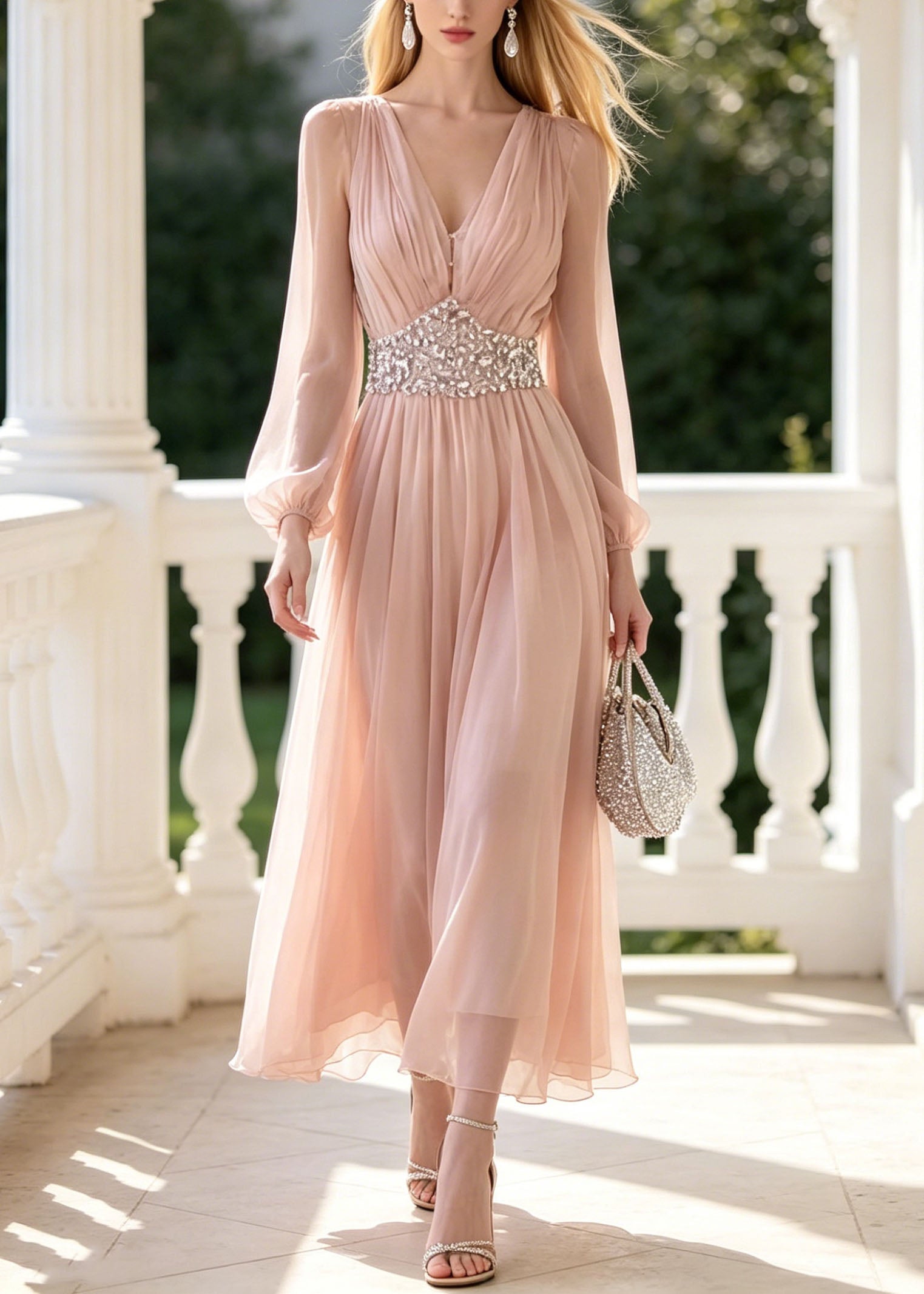 Stylish Pink V Neck Zircon Patchwork Chiffon Dress Summer