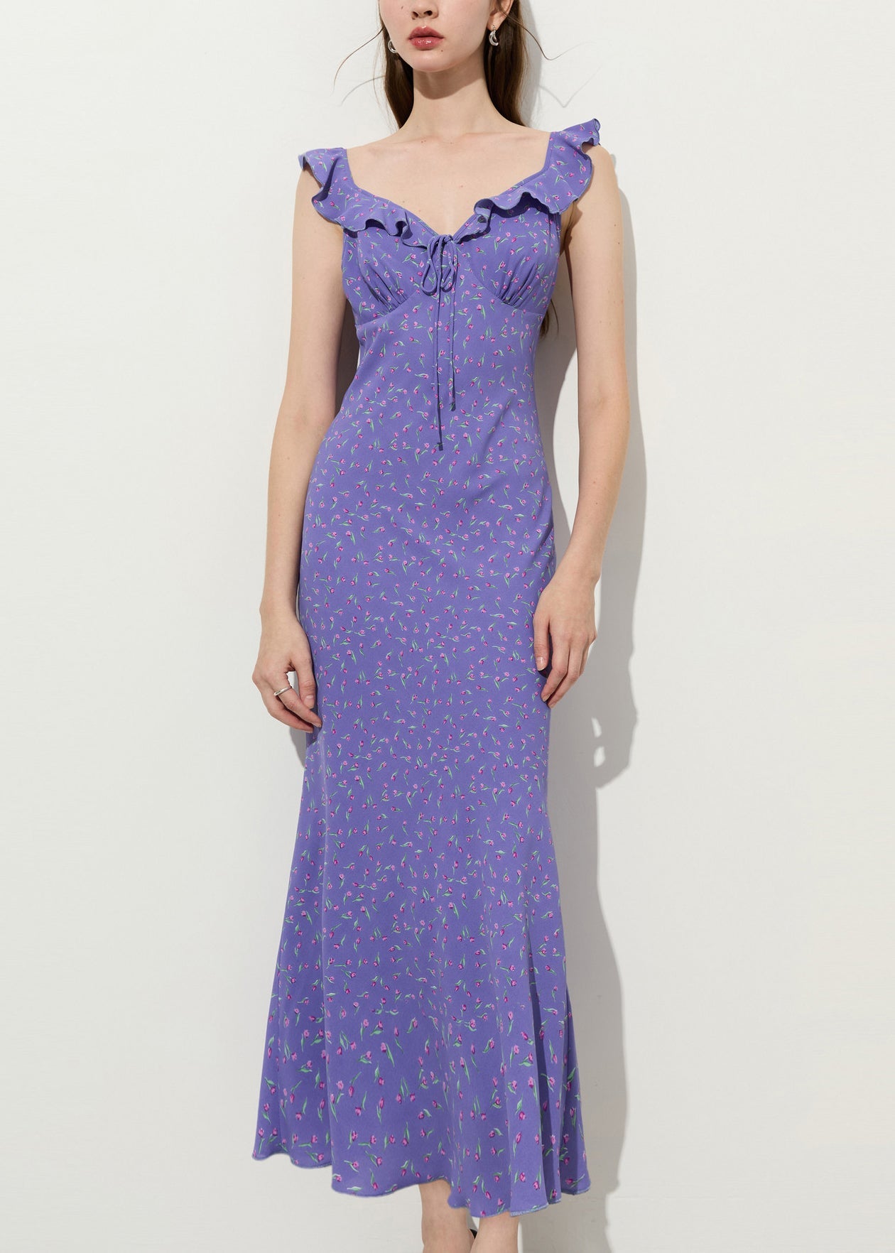 Stylish Purple Ruffled Print Chiffon Party Dress Summer