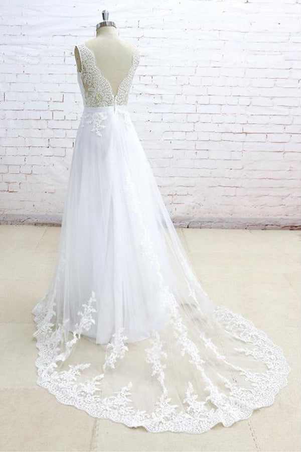 Stylish Sleeveless Straps V-neck Wedding Dress | White A-line Tulle Bridal Gowns With Appliques