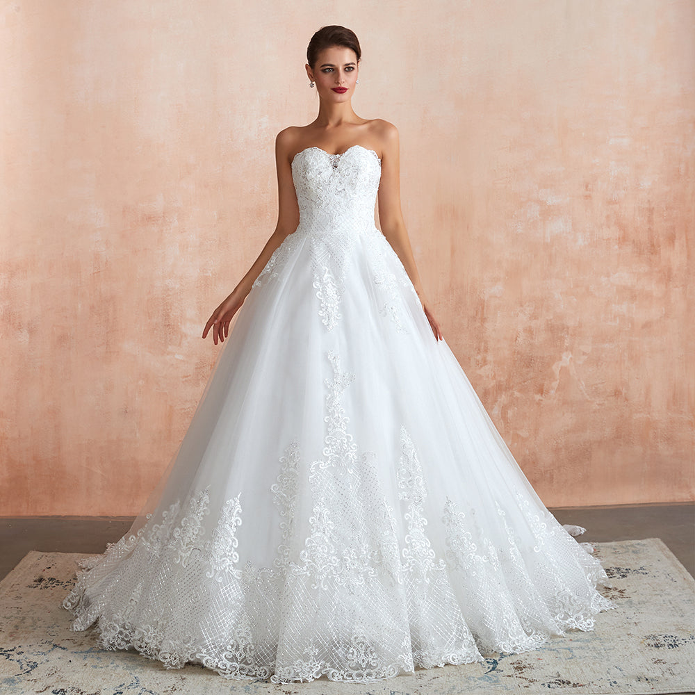 Stylish Strapless White Lace Affordable Wedding Dress with Low Back