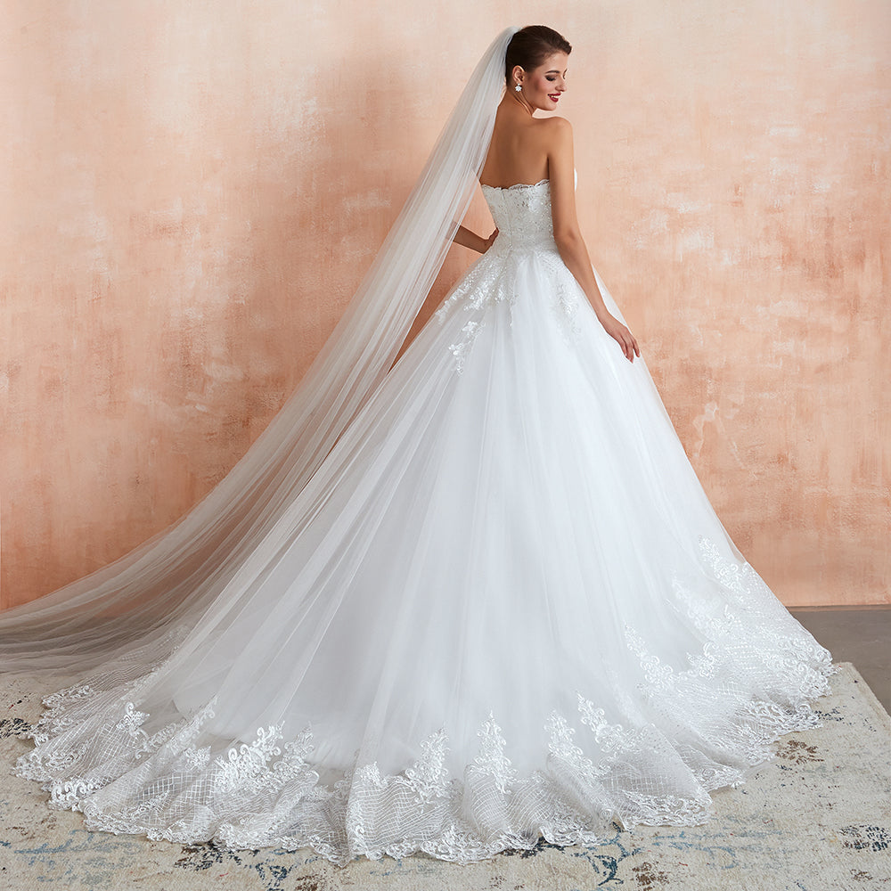 Stylish Strapless White Lace Affordable Wedding Dress with Low Back
