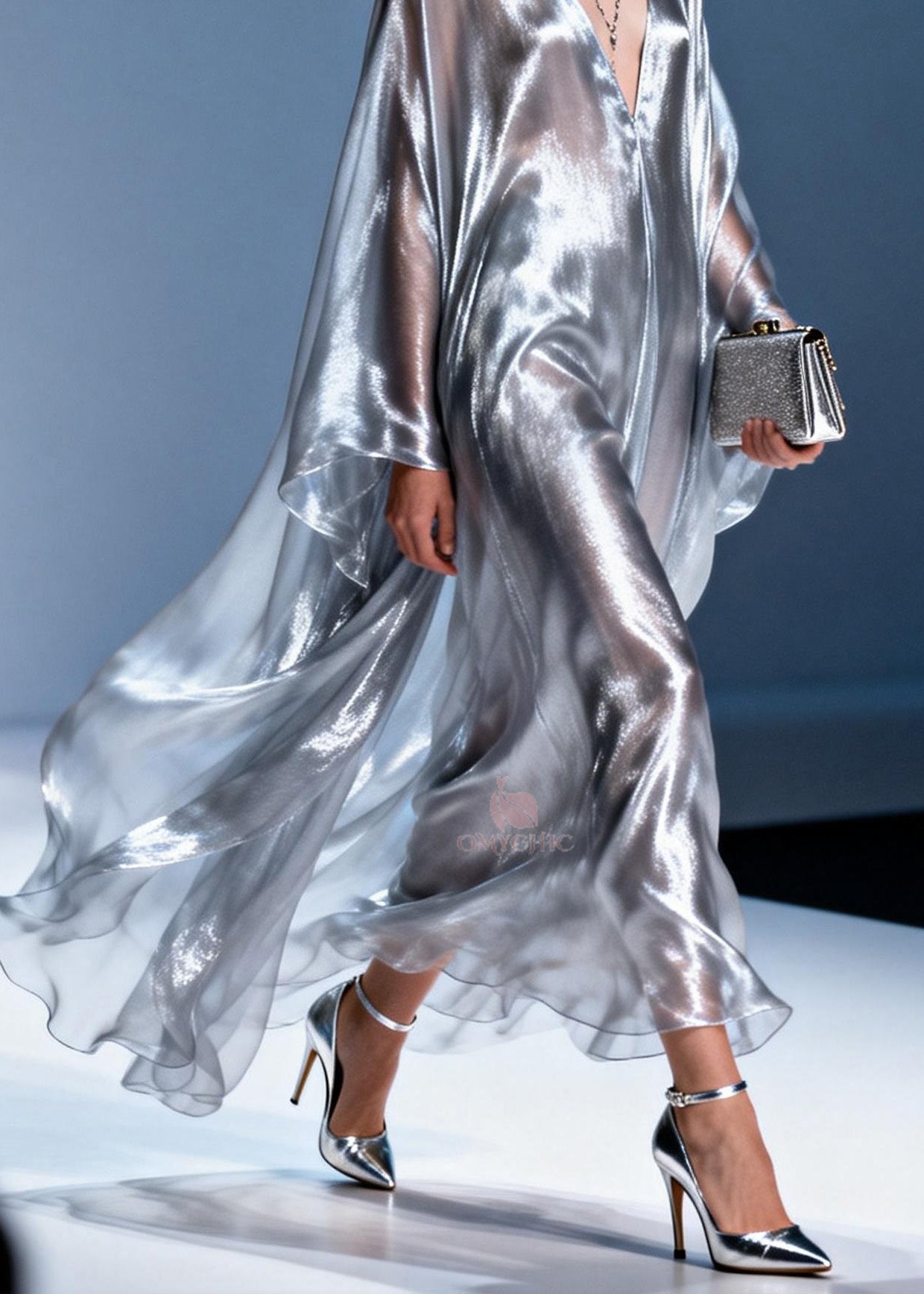 Stylish V Neck Silver Silk Long Dress Spring