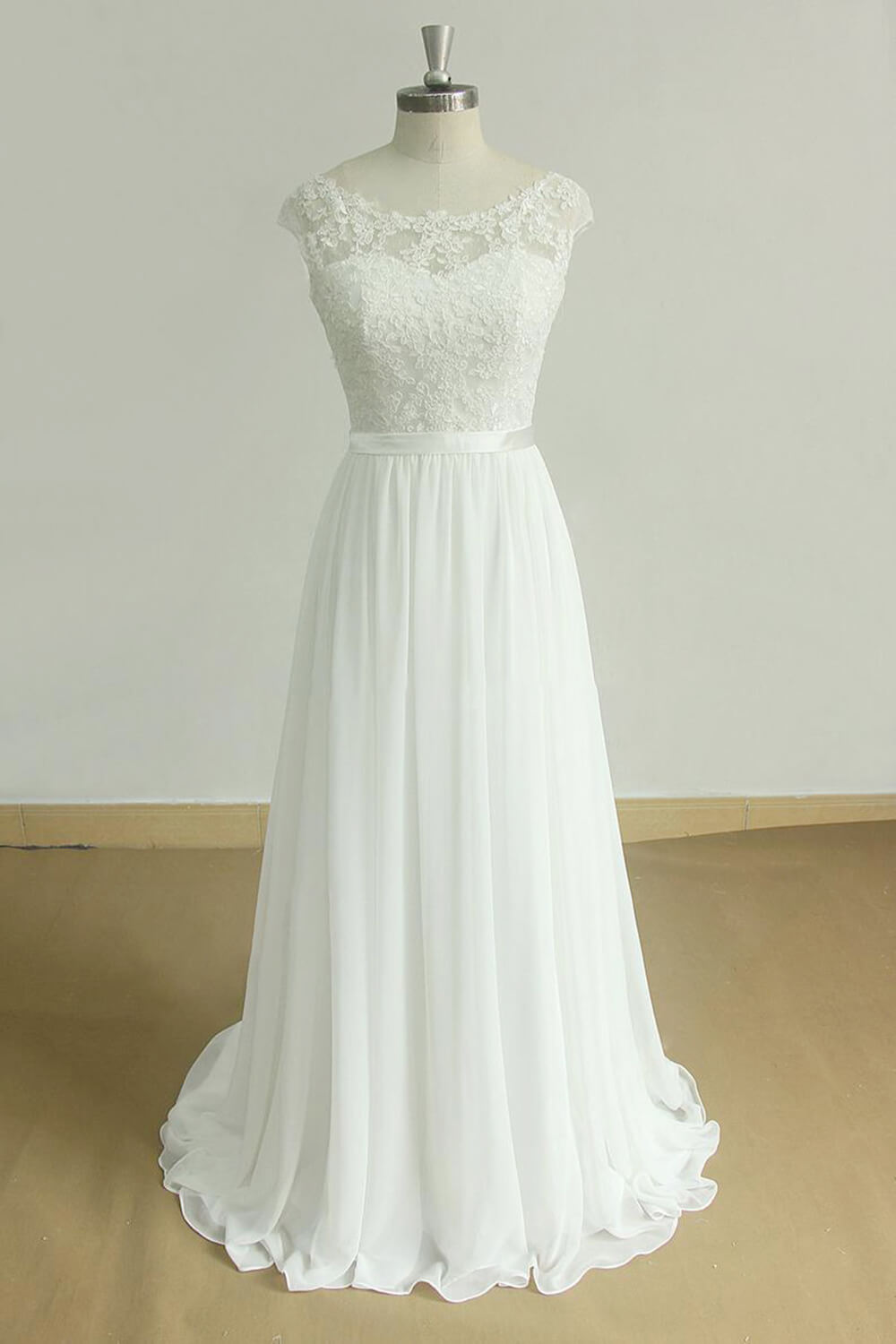 Stylish White Chiffon Lace Wedding Dress | Jewel Sleeveless Bridal Gowns