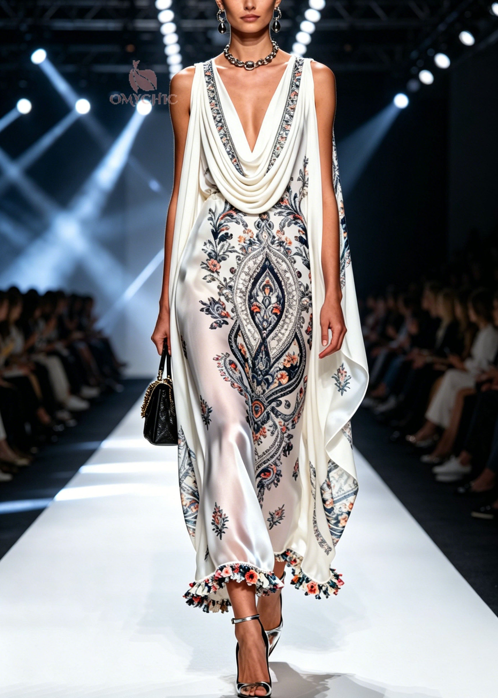 Stylish White Print Patchwork Chiffon Long Dress Summer