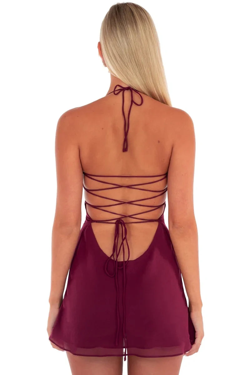 Stylish A Line Halter Neck Blue Short Homecoming Dress with Criss Cross Back