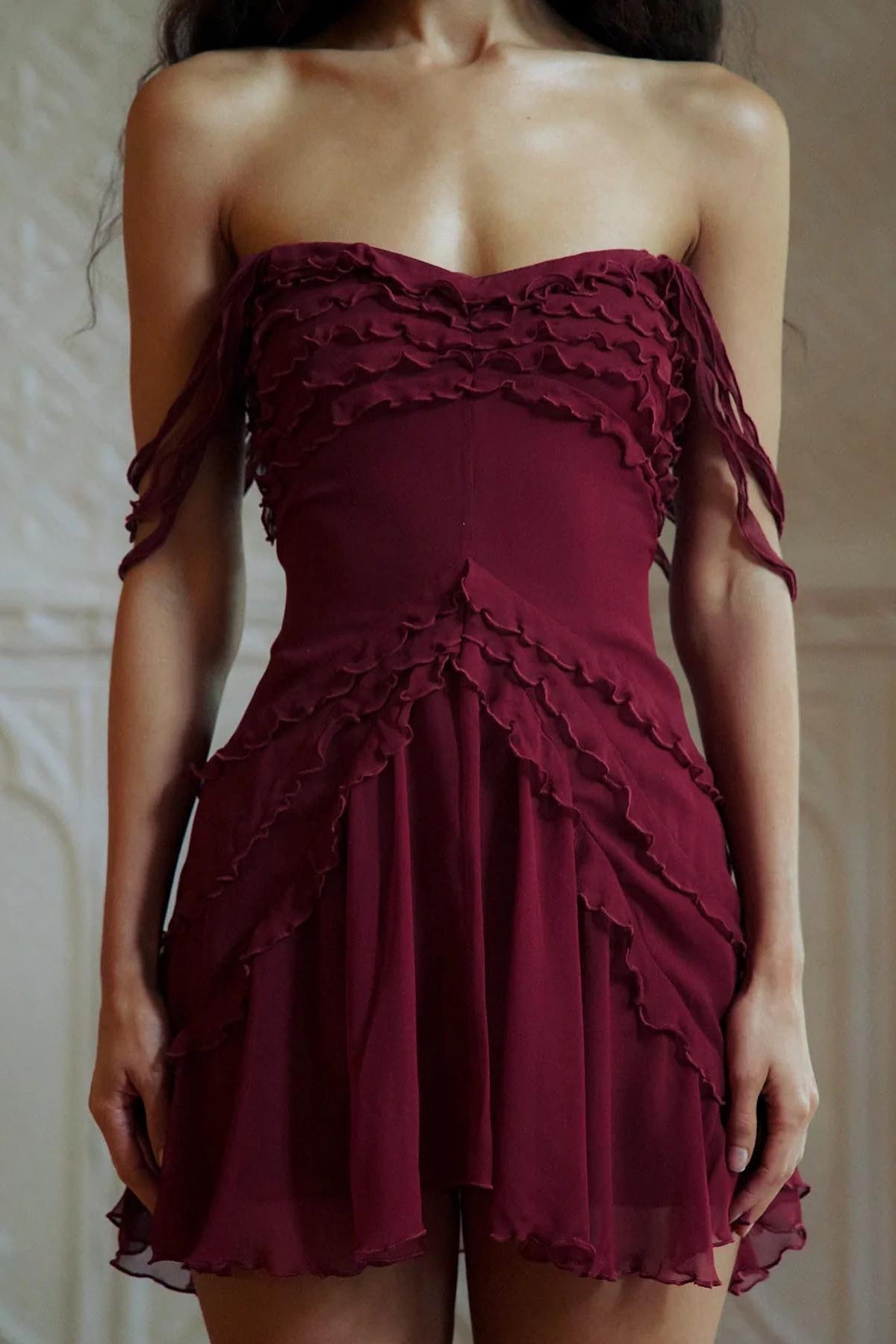 Stylish A Line Off the Shoulder Burgundy Short Homecoming Dress with Ruffles