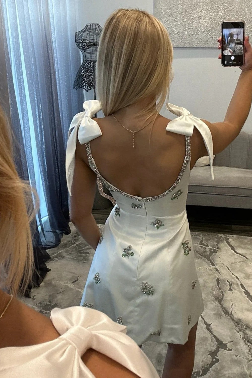 Stylish A Line Spaghetti Straps White Satin Short Homecoming Dress with Beading Embroidery