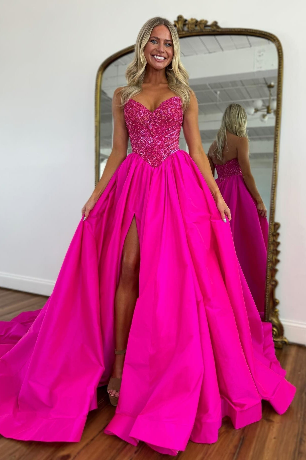 Stylish A Line Sweetheart Fuchsia Long Prom Dress with Beading Split Front