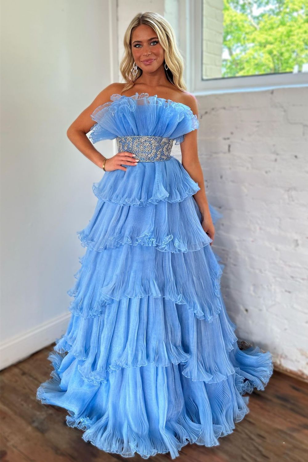 Newly Blue A Line Strapless Long Tiered Prom Dress With Beaded Belt - VelvetHem