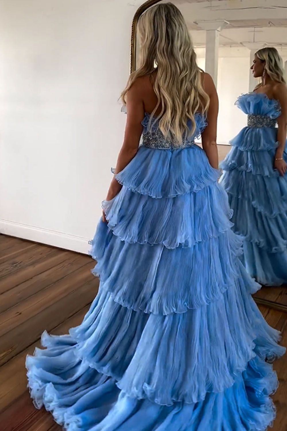 Newly Blue A Line Strapless Long Tiered Prom Dress With Beaded Belt - View 2 | VelvetHem