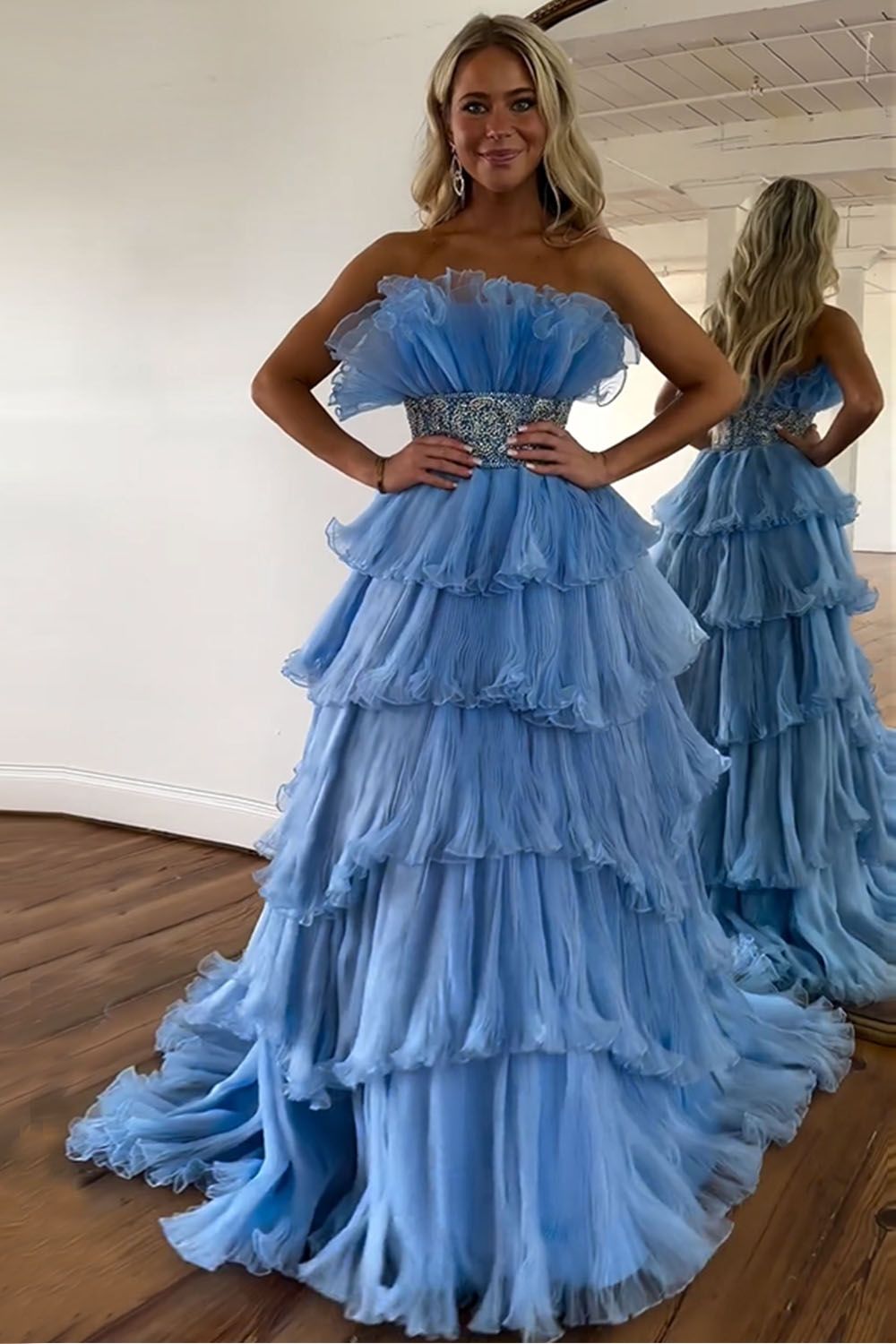 Newly Blue A Line Strapless Long Tiered Prom Dress With Beaded Belt - View 3 | VelvetHem