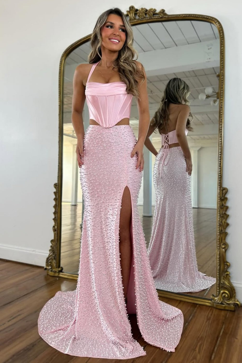 Stunning Two Piece Halter Neck Pink Corset Prom Dress with Pearls - VelvetHem
