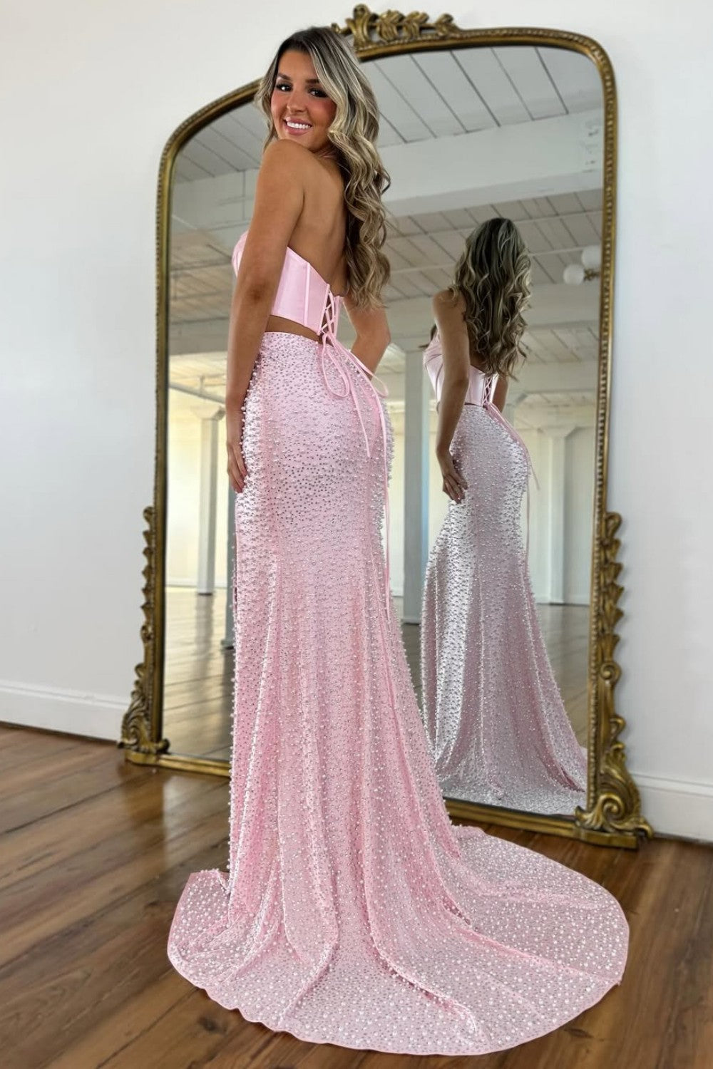 Stunning Two Piece Halter Neck Pink Corset Prom Dress with Pearls - View 2 | VelvetHem