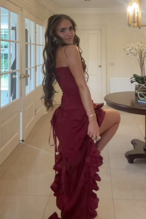 Stylish High Low Strapless Burgundy Long Prom Dress with Tassel Ruffles