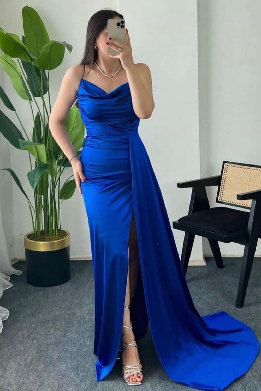 Stylish Mermaid Spaghetti Straps Long Pleated Satin Formal Dress with Slit