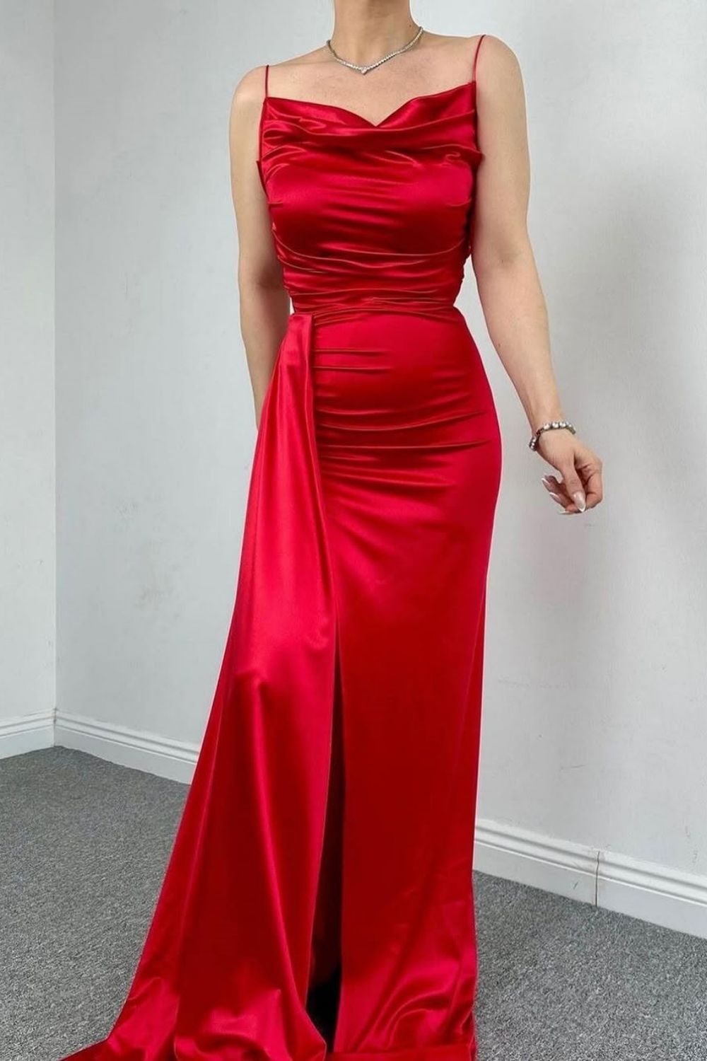 Stylish Mermaid Spaghetti Straps Long Pleated Satin Formal Dress with Slit