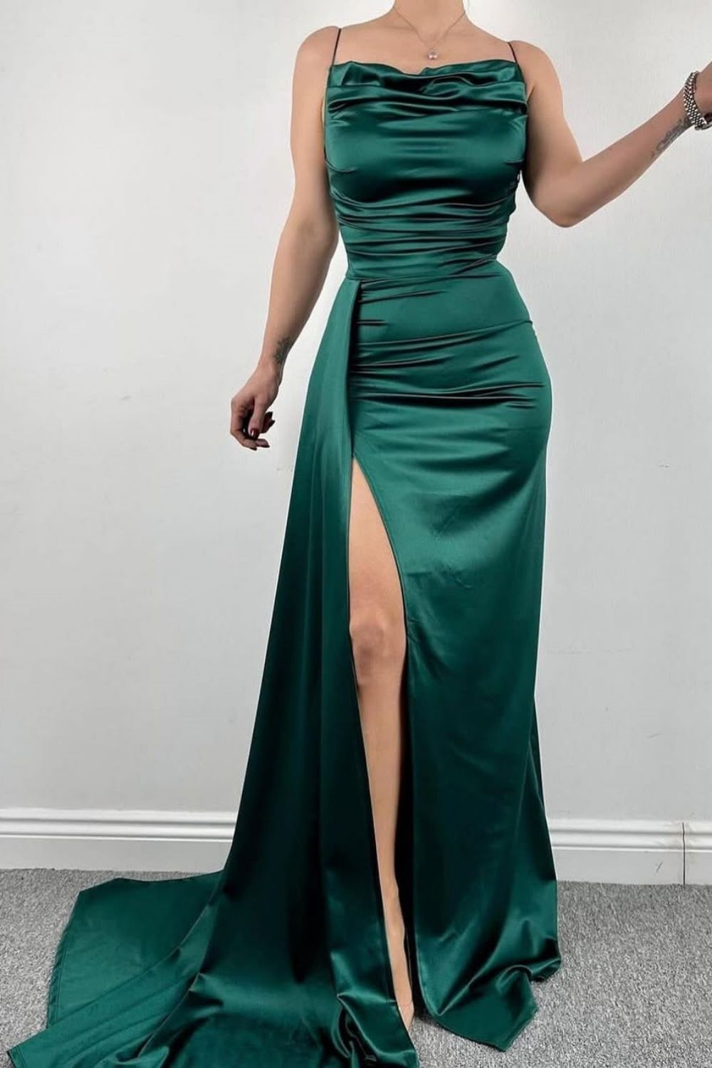 Stylish Mermaid Spaghetti Straps Long Pleated Satin Formal Dress with Slit