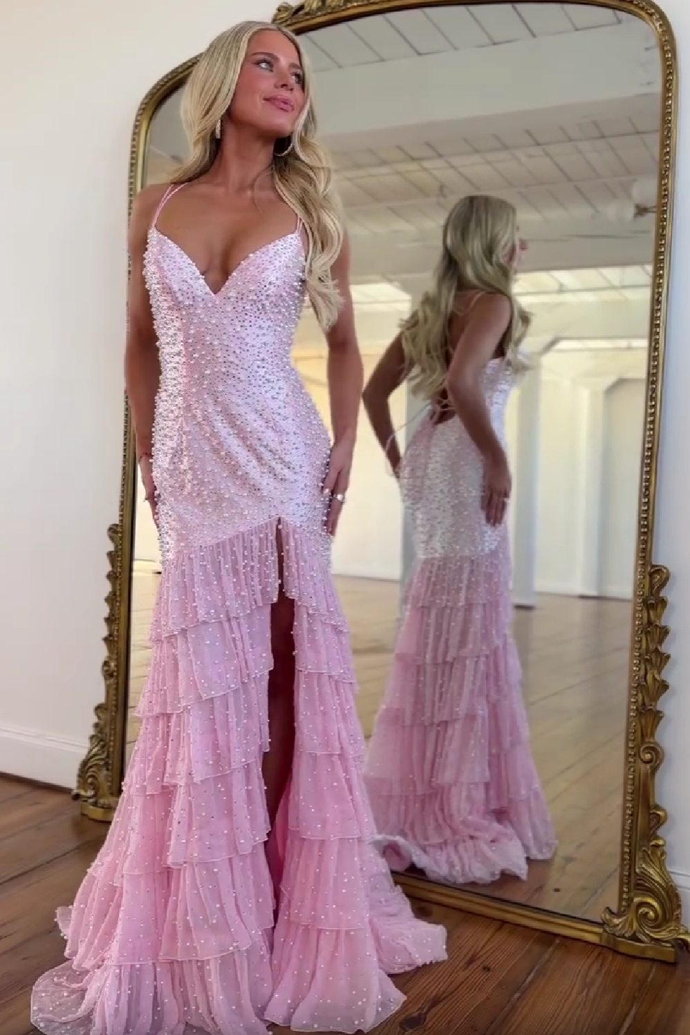 Stylish Mermaid Spaghetti Straps Pink Long Prom Dress with Pearls Split Front