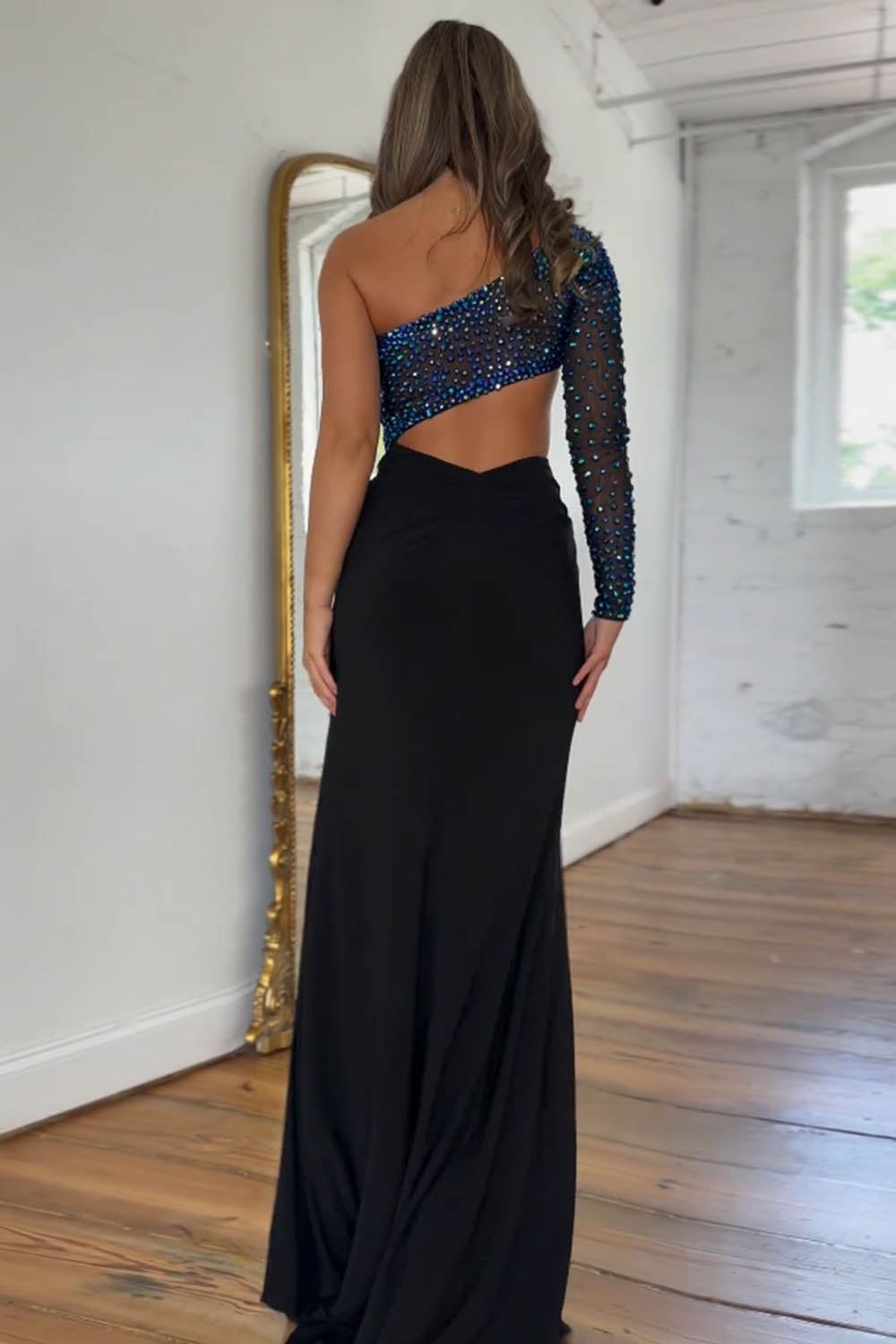 Stylish One Shoulder Long Sleeves Cutout Waist Beaded Prom Dress With Split