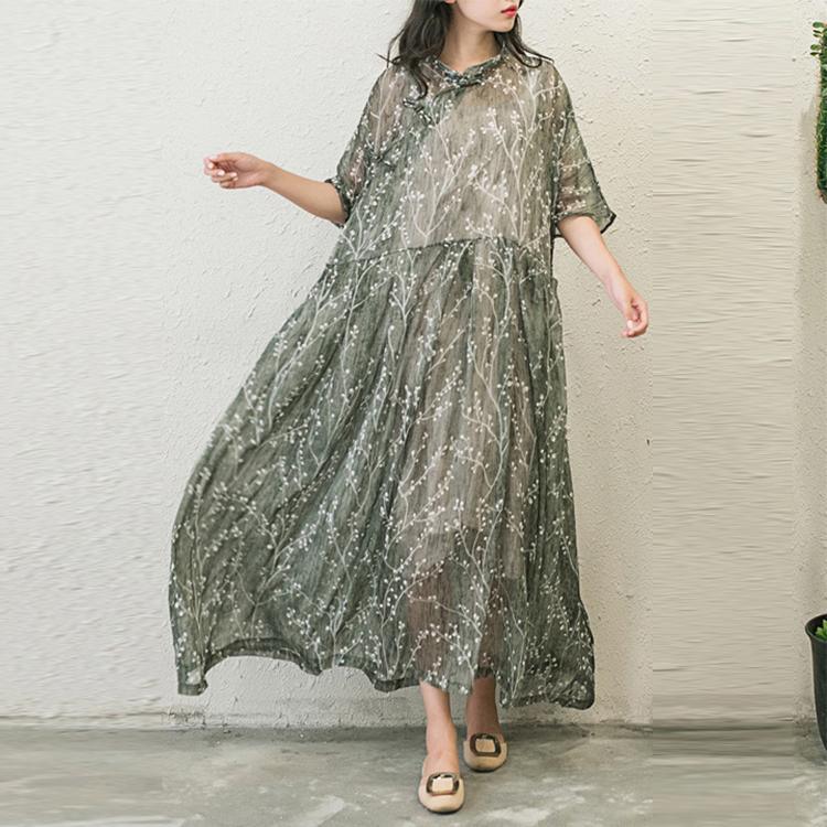 Stylish Print Chiffon Dresses Plus Size Casual Sundress Button Half Sleeve Maxi Dress