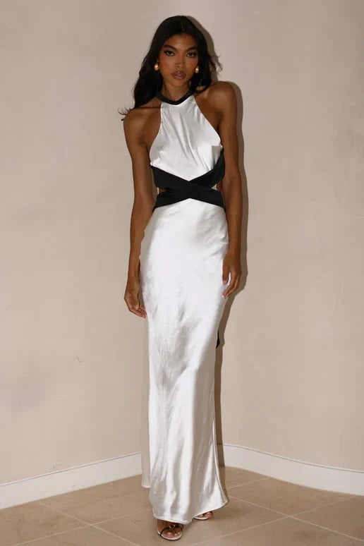 Stylish Sheath Halter Neck White Long Party Dress with Open Back