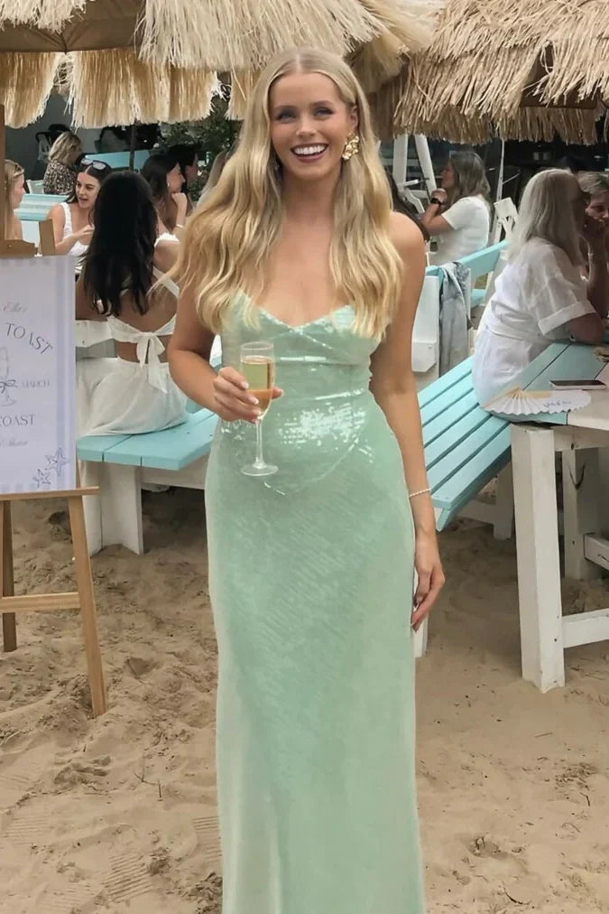 Stylish Sheath Spaghetti Straps Light Green Sequins Long Prom Dress