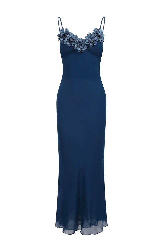 Chic Sheath Spaghetti Straps Navy Blue Long Party Dress with Flowers - View 2 | VelvetHem