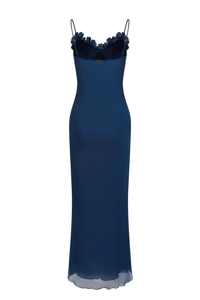 Chic Sheath Spaghetti Straps Navy Blue Long Party Dress with Flowers - View 3 | VelvetHem