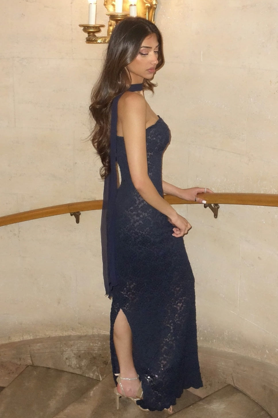 Chic Strapless Navy Blue Lace Sheath Party Dress with Scarf Slit - View 2 | VelvetHem