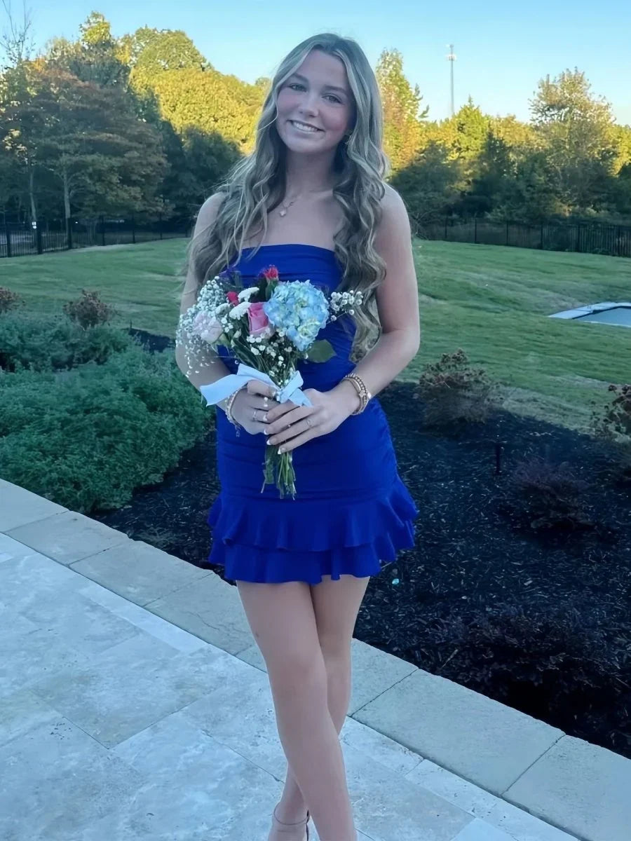 Stylish Sheath Strapless Royal Blue Short Homecoming Dress with Ruffles