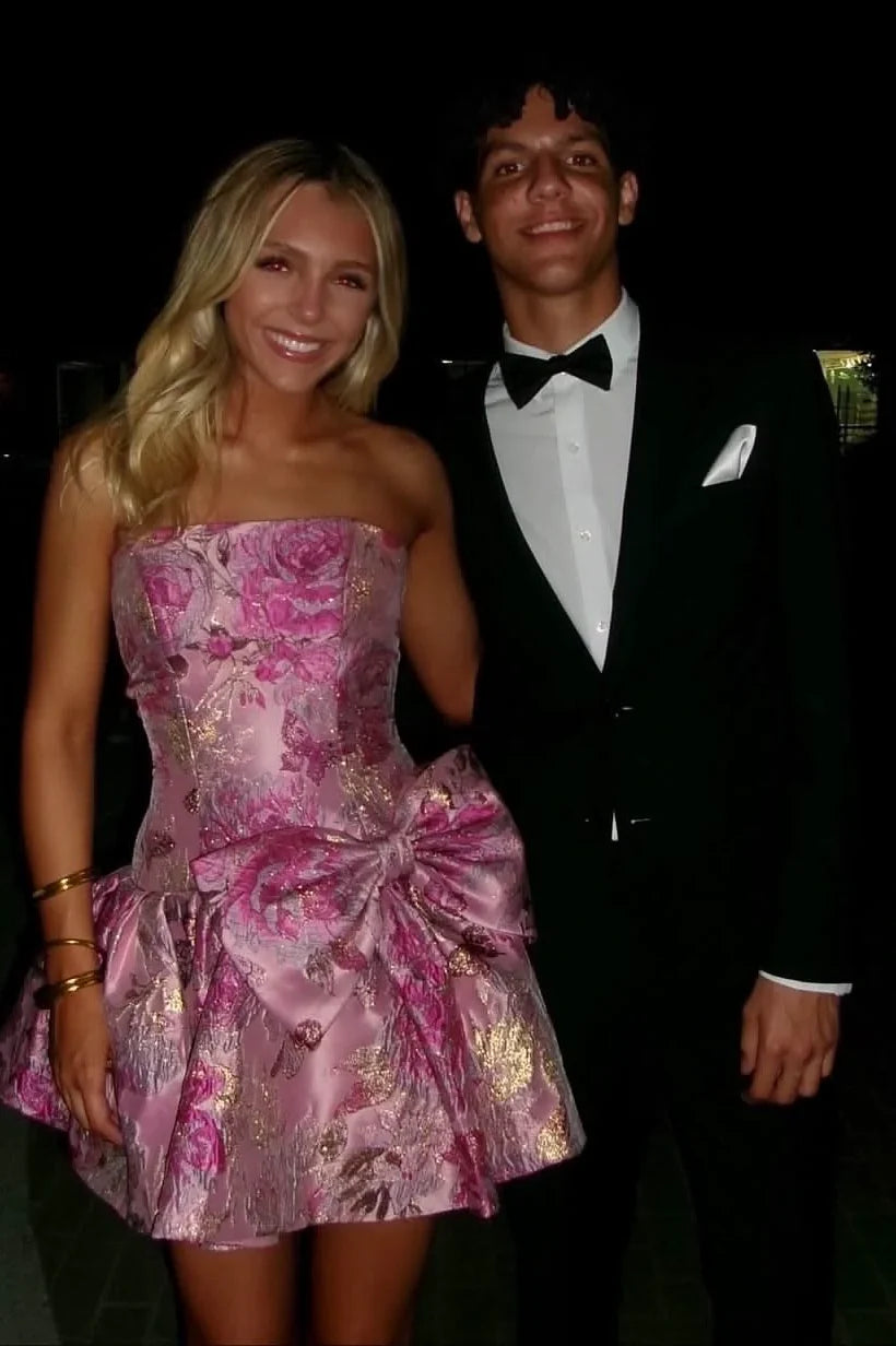 Stylish A Line Strapless Pink Printed Short Homecoming Dress with Bowknot