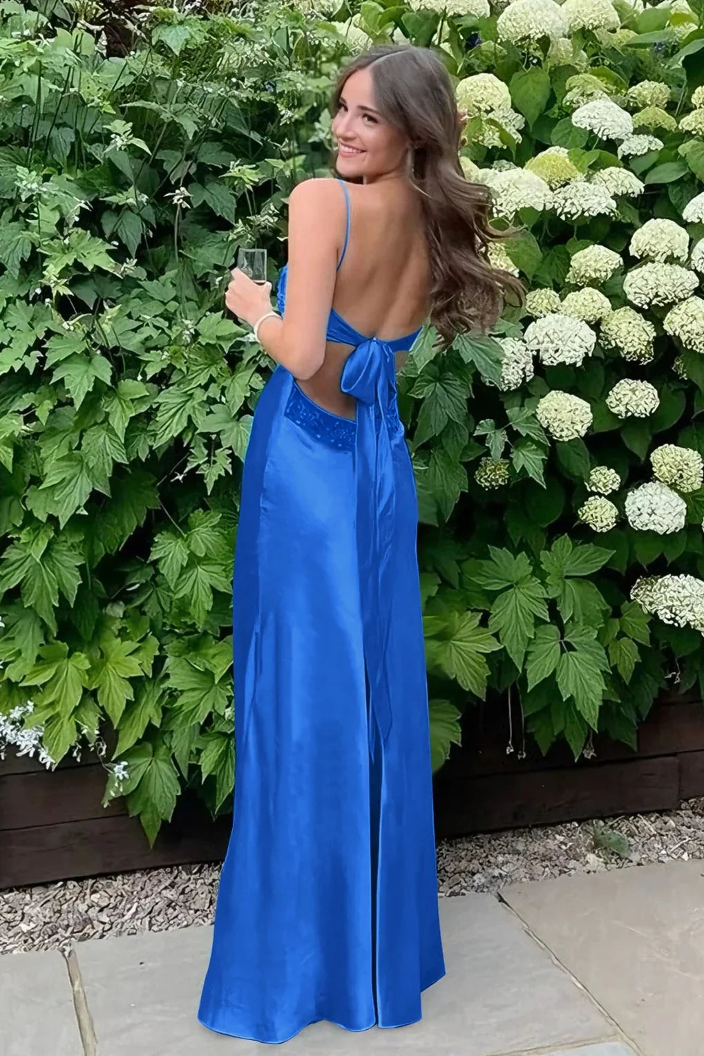 Stylish Sheath Spaghetti Straps Blue Long Prom Dress with Backless - View 12 | VelvetHem