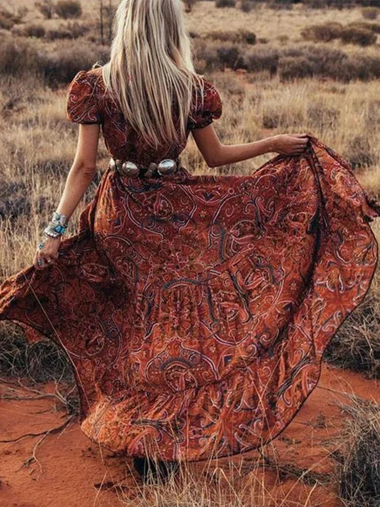 Elegant HighWaist Bohemian Floral Print Maxi Boho Dress