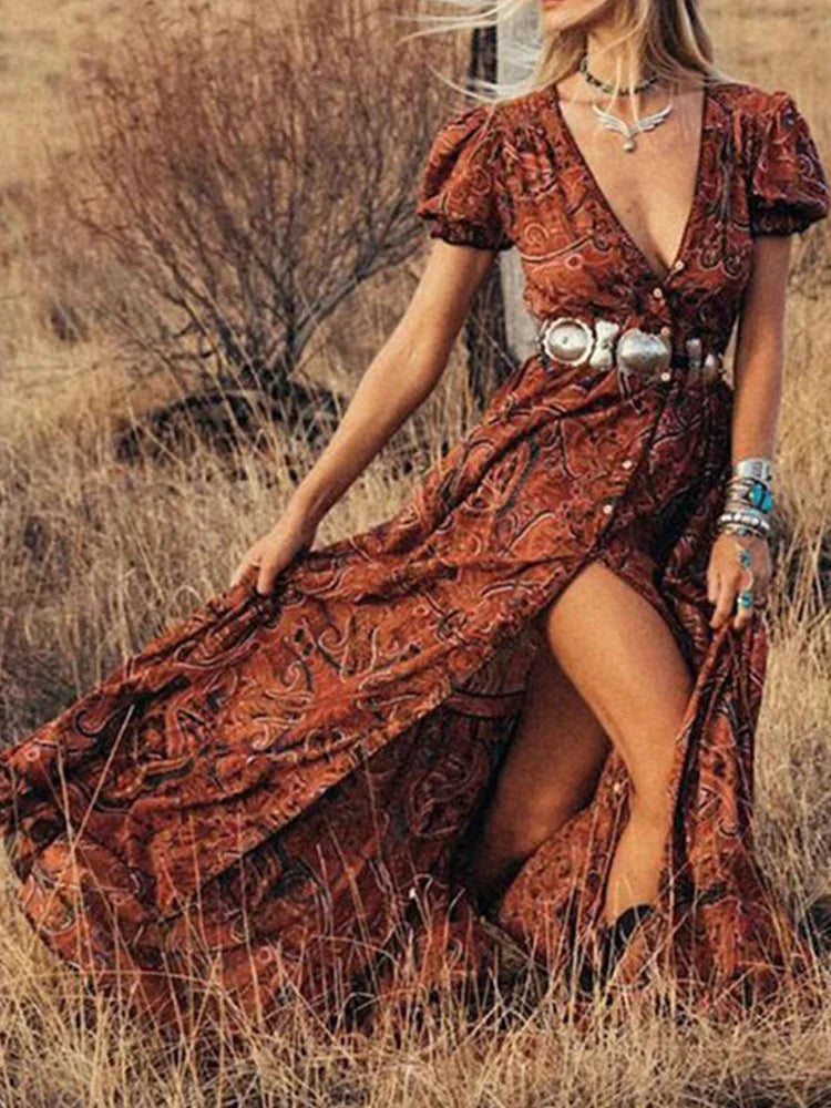 Elegant HighWaist Bohemian Floral Print Maxi Boho Dress