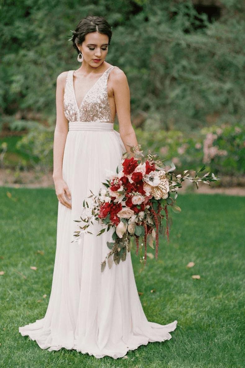 Summer Bowknot Sequined Open Back Sleeveless Plunging-Neck Long Beach Beach Wedding Dresses