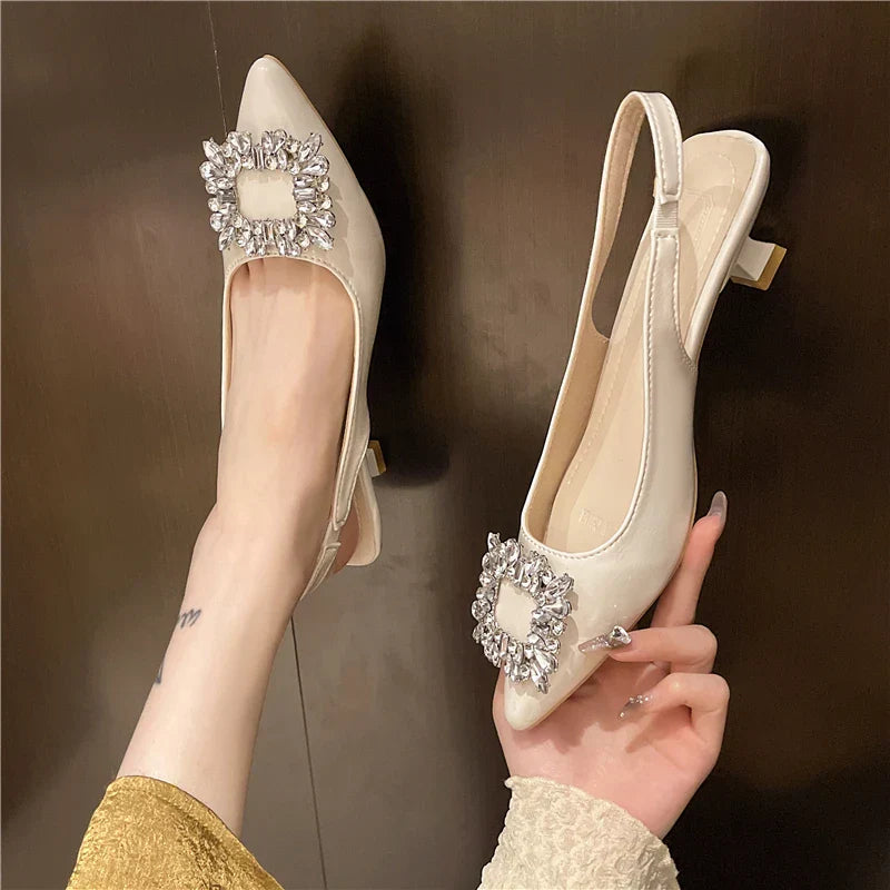 New Women's Pointed Toe Shal Nude Pink Diamond Back Strappy Dress Shoes Low Heel Pumps - View 3 | VelvetHem