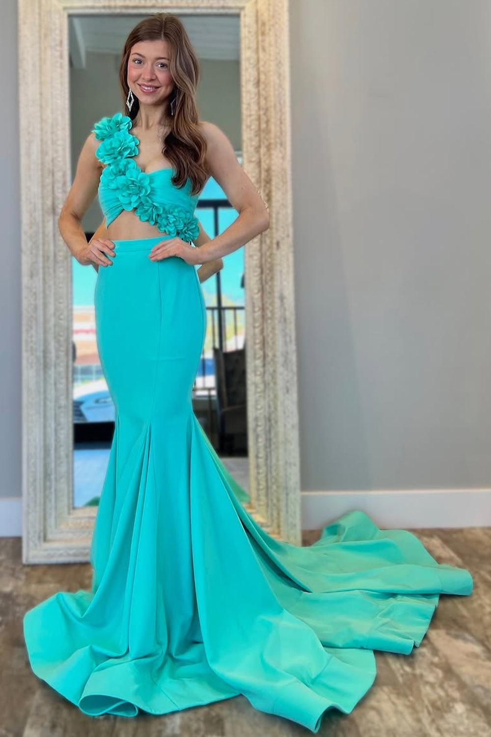 Suzhoufashion 3D Floral Aqua Mermaid One Shoulder Cutout Waist Prom Dress Formal Evening Gown