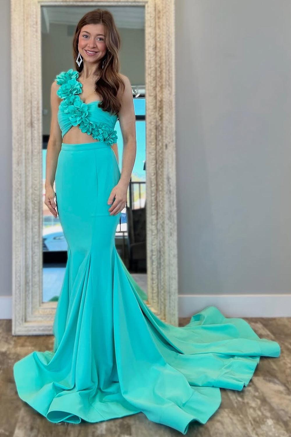 Suzhoufashion 3D Floral Aqua Mermaid One Shoulder Cutout Waist Prom Dress Formal Evening Gown