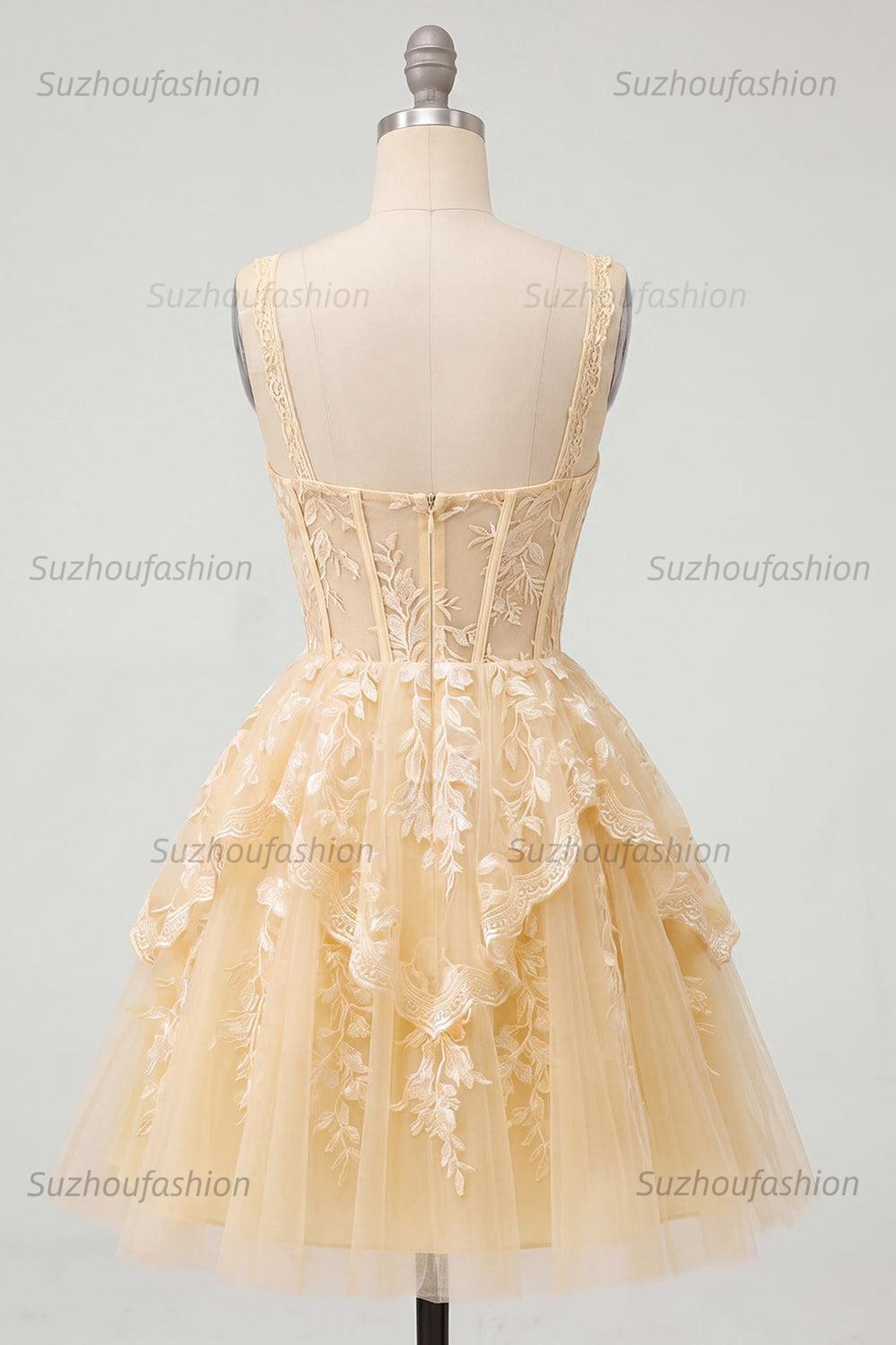 Suzhoufashion A Line Butter Yellow Lace V-Neck Ruffled Short Corset Homecoming Dress
