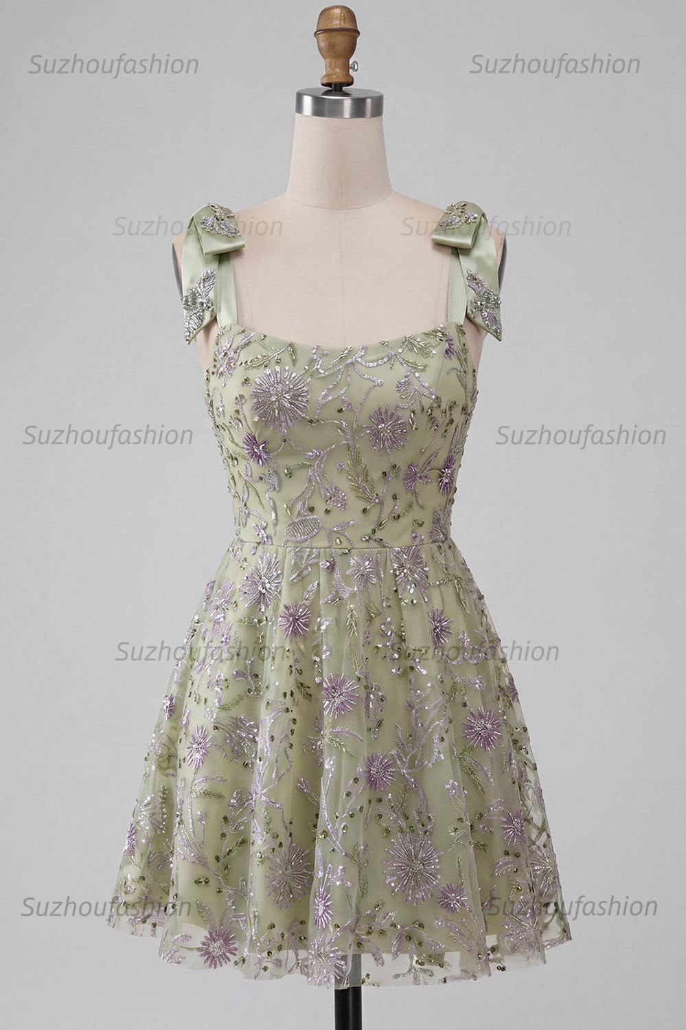 Suzhoufashion A-Line Floral Dusty Sage Short Beaded Homecoming Dress with Bows