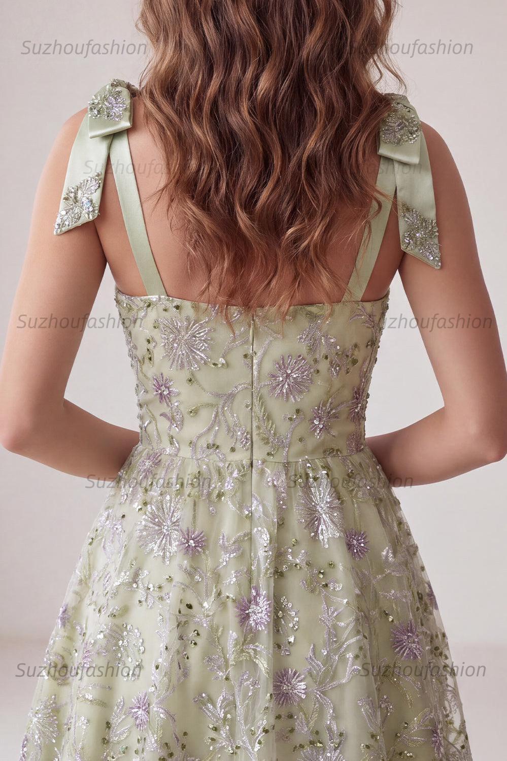 Suzhoufashion A-Line Floral Dusty Sage Short Beaded Homecoming Dress with Bows