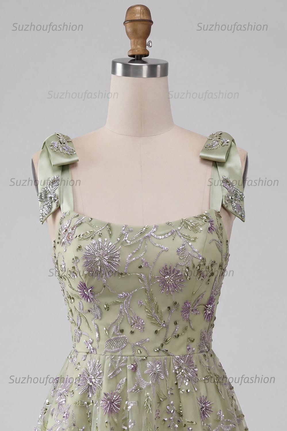 Suzhoufashion A-Line Floral Dusty Sage Short Beaded Homecoming Dress with Bows