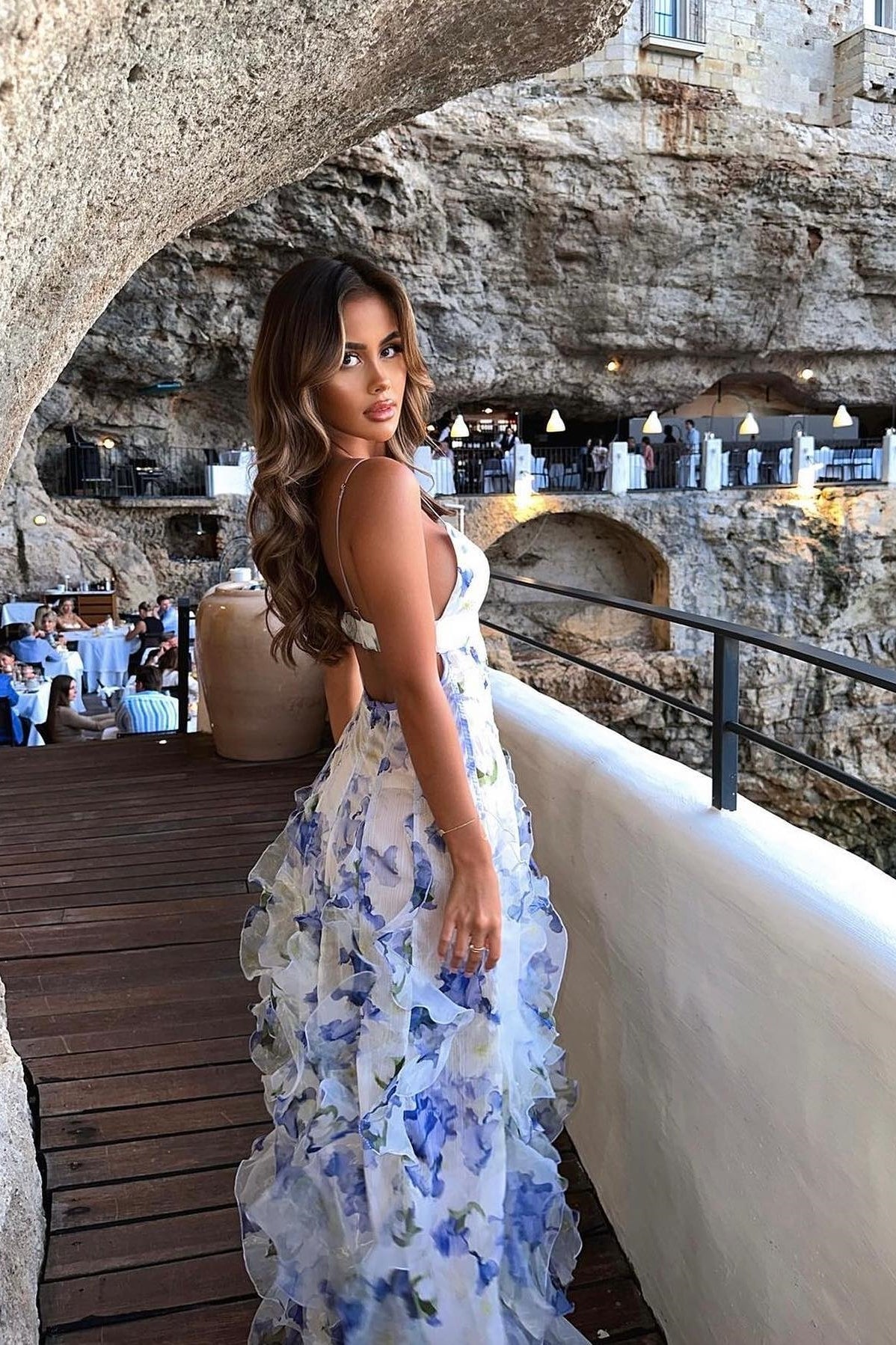 Suzhoufashion A Line Spaghetti Straps Blue Floral Printed Long Party Dress Formal Evening Gown