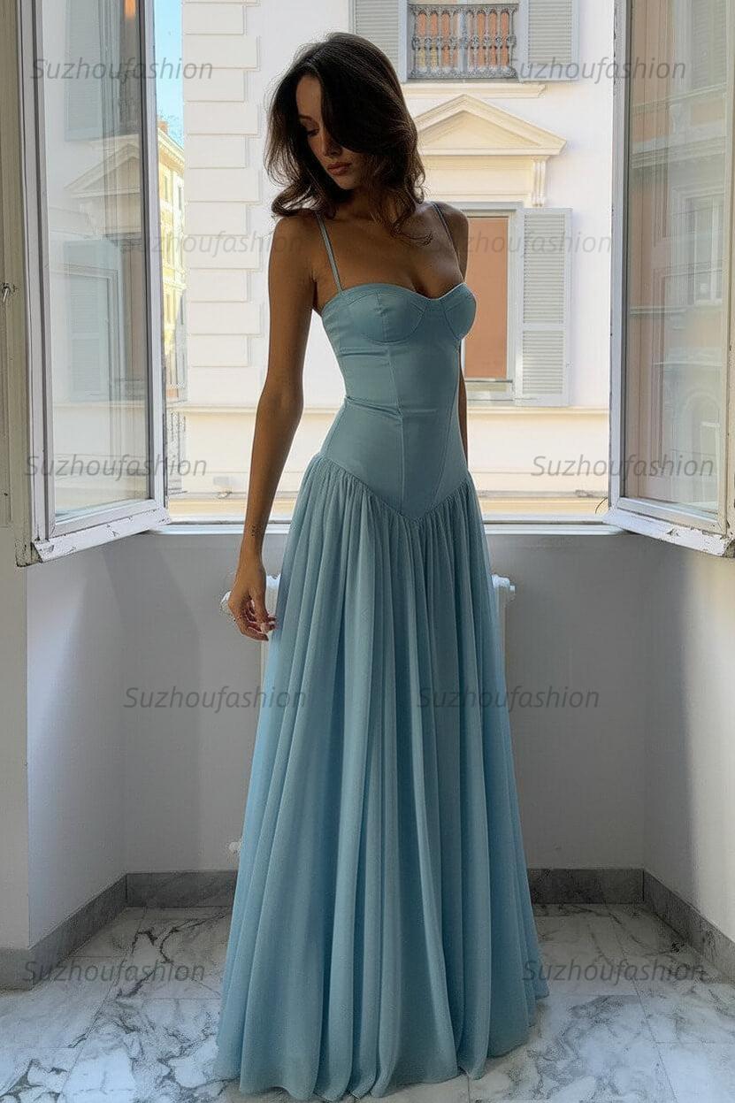 Suzhoufashion A Line Spaghetti Straps Pink Corset Prom Dress With Ruffles Formal Evening Gown