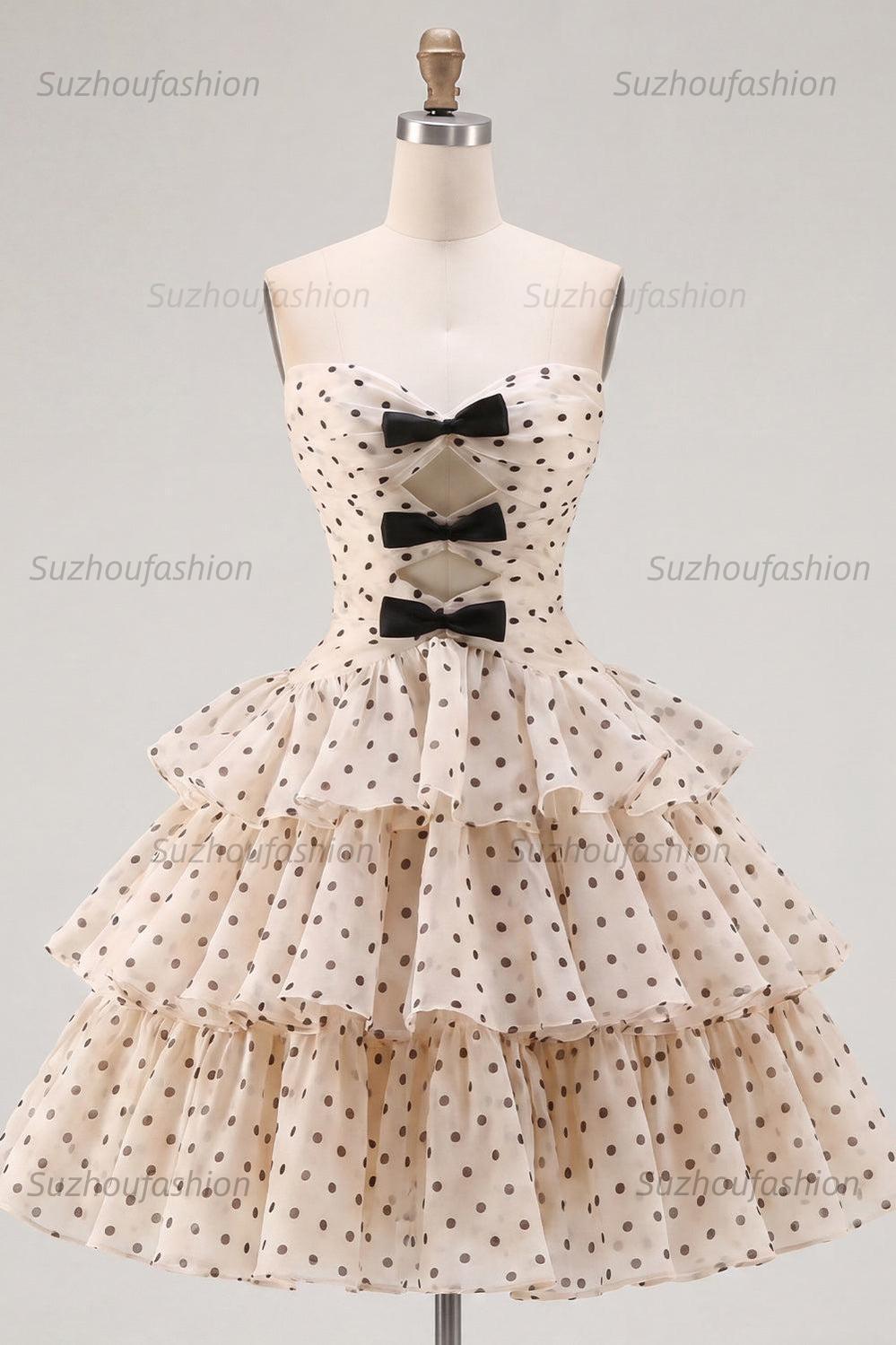 Suzhoufashion Apricot & Black Polka Dot Strapless Keyhole A-Line Short Homecoming Dress