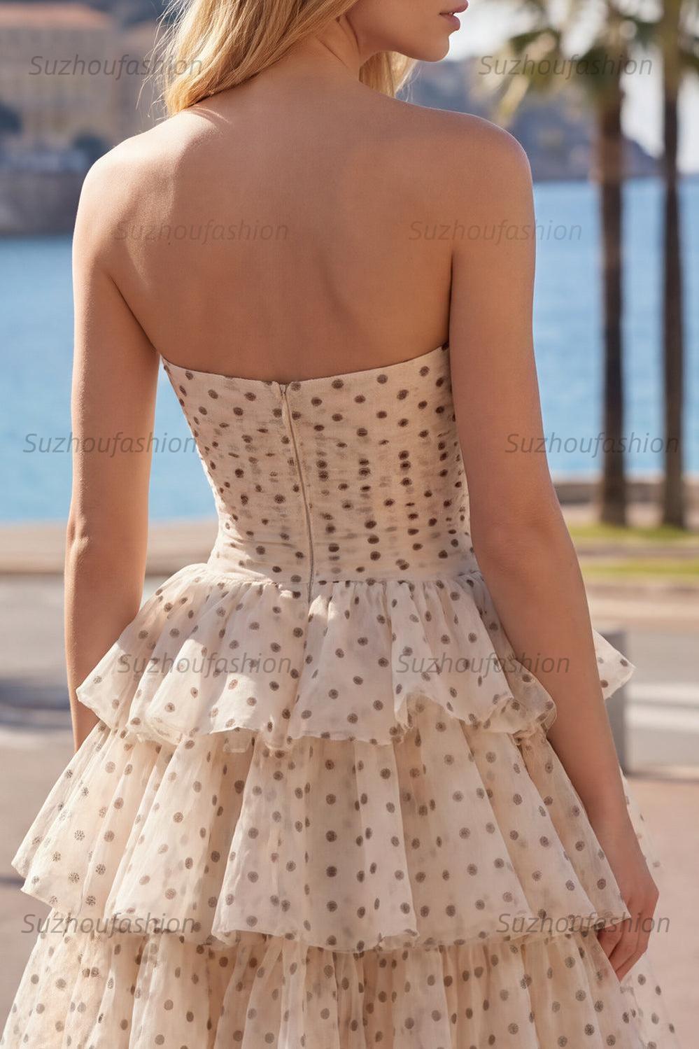 Suzhoufashion Apricot & Black Polka Dot Strapless Keyhole A-Line Short Homecoming Dress
