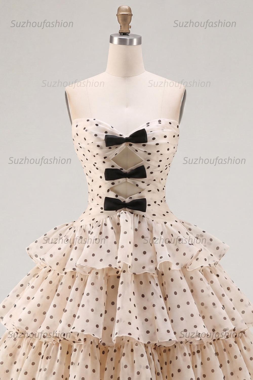 Suzhoufashion Apricot & Black Polka Dot Strapless Keyhole A-Line Short Homecoming Dress
