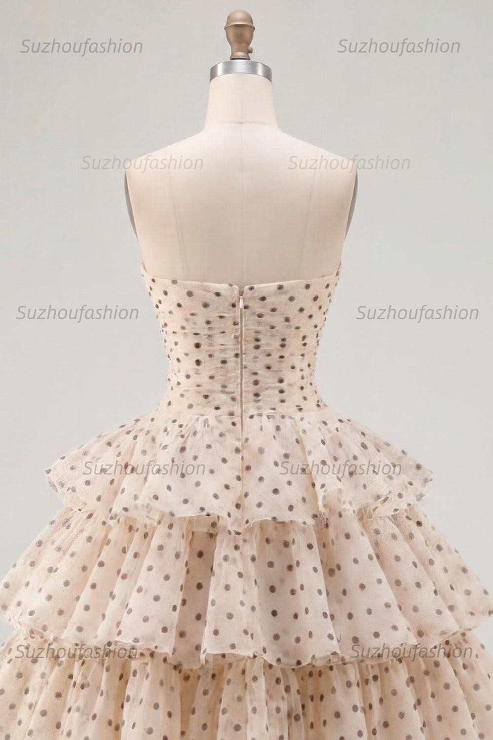Suzhoufashion Apricot & Black Polka Dot Strapless Keyhole A-Line Short Homecoming Dress